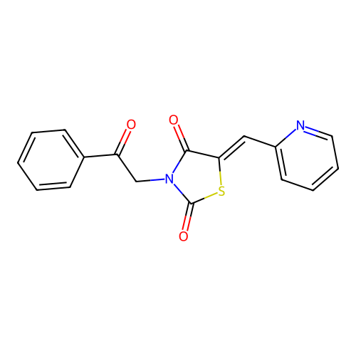 (Z)-3-(2-oxo-2-phenylethyl)-5-(pyridin-2-ylmethylene)thiazolidine-2,4-dione structure