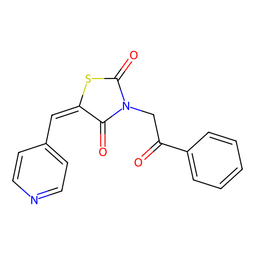 (5E)-3-(2-oxo-2-phenylethyl)-5-(pyridin-4-ylmethylidene)-1,3-thiazolidine-2,4-dione structure