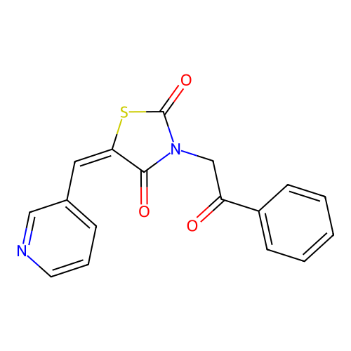 (5E)-3-(2-oxo-2-phenylethyl)-5-(pyridin-3-ylmethylidene)-1,3-thiazolidine-2,4-dione structure