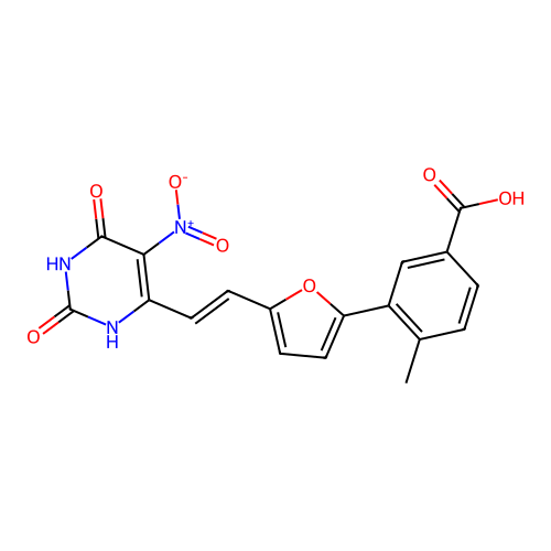 4-methyl-3-{5-[(E)-2-(5-nitro-2,6-dioxo-1,2,3,6-tetrahydropyrimidin-4-yl)ethenyl]furan-2-yl}benzoic acid structure