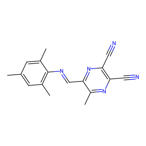 5-[(Mesitylimino)methyl]-6-methyl-2,3-pyrazinedicarbonitrile structure