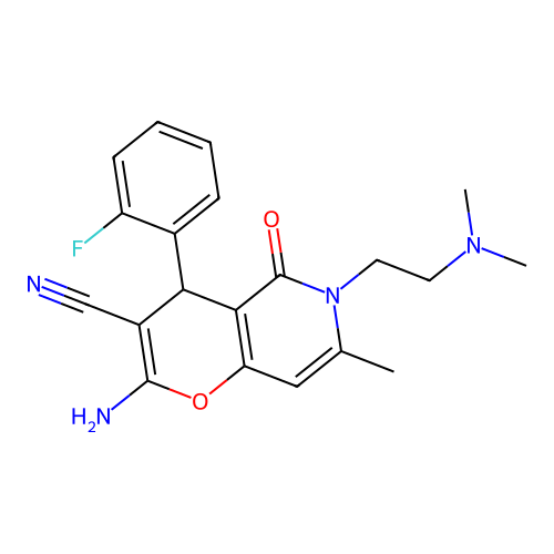 2-amino-6-[2-(dimethylamino)ethyl]-4-(2-fluorophenyl)-7-methyl-5-oxo-5,6-dihydro-4H-pyrano[3,2-c]pyridine-3-carbonitrile structure
