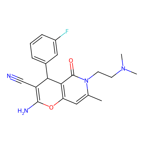 2-amino-6-[2-(dimethylamino)ethyl]-4-(3-fluorophenyl)-7-methyl-5-oxo-5,6-dihydro-4H-pyrano[3,2-c]pyridine-3-carbonitrile structure