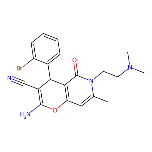 2-amino-4-(2-bromophenyl)-6-[2-(dimethylamino)ethyl]-7-methyl-5-oxo-5,6-dihydro-4H-pyrano[3,2-c]pyridine-3-carbonitrile structure