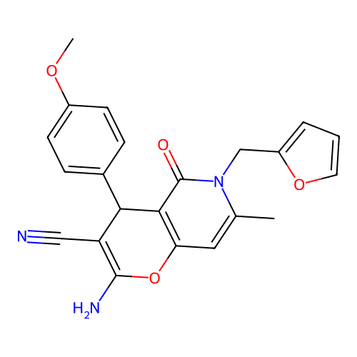2-amino-6-(furan-2-ylmethyl)-4-(4-methoxyphenyl)-7-methyl-5-oxo-5,6-dihydro-4H-pyrano[3,2-c]pyridine-3-carbonitrile structure