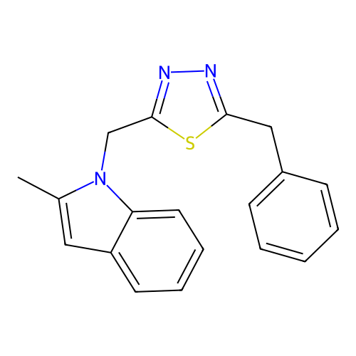 1-[(5-benzyl-1,3,4-thiadiazol-2-yl)methyl]-2-methyl-1H-indole structure