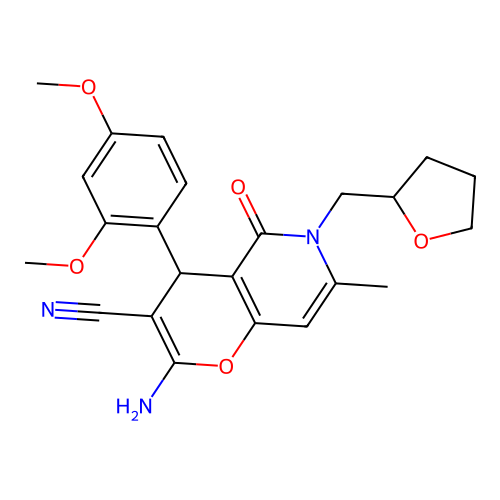 2-amino-4-(2,4-dimethoxyphenyl)-7-methyl-5-oxo-6-((tetrahydrofuran-2-yl)methyl)-5,6-dihydro-4H-pyrano[3,2-c]pyridine-3-carbonitrile structure