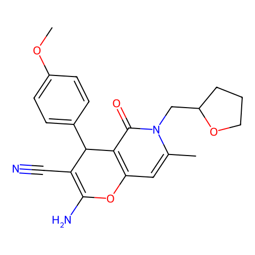 2-amino-4-(4-methoxyphenyl)-7-methyl-5-oxo-6-((tetrahydrofuran-2-yl)methyl)-5,6-dihydro-4H-pyrano[3,2-c]pyridine-3-carbonitrile structure
