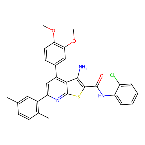 3-amino-N-(2-chlorophenyl)-4-(3,4-dimethoxyphenyl)-6-(2,5-dimethylphenyl)thieno[2,3-b]pyridine-2-carboxamide structure