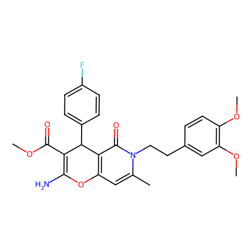 methyl 2-amino-6-(3,4-dimethoxyphenethyl)-4-(4-fluorophenyl)-7-methyl-5-oxo-5,6-dihydro-4H-pyrano[3,2-c]pyridine-3-carboxylate structure