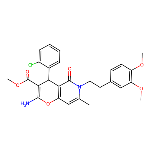 methyl 2-amino-4-(2-chlorophenyl)-6-(3,4-dimethoxyphenethyl)-7-methyl-5-oxo-5,6-dihydro-4H-pyrano[3,2-c]pyridine-3-carboxylate structure