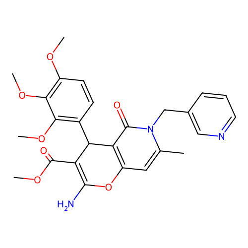 methyl 2-amino-7-methyl-5-oxo-6-(pyridin-3-ylmethyl)-4-(2,3,4-trimethoxyphenyl)-5,6-dihydro-4H-pyrano[3,2-c]pyridine-3-carboxylate structure