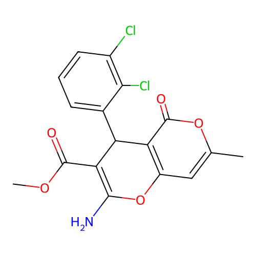 methyl 2-amino-4-(2,3-dichlorophenyl)-7-methyl-5-oxo-4H,5H-pyrano[4,3-b]pyran-3-carboxylate structure