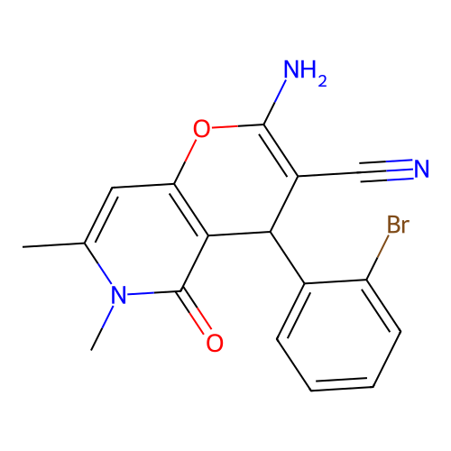 2-amino-4-(2-bromophenyl)-6,7-dimethyl-5-oxo-5,6-dihydro-4H-pyrano[3,2-c]pyridine-3-carbonitrile structure