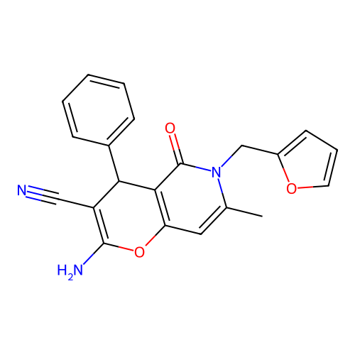 2-amino-6-(furan-2-ylmethyl)-7-methyl-5-oxo-4-phenyl-5,6-dihydro-4H-pyrano[3,2-c]pyridine-3-carbonitrile structure