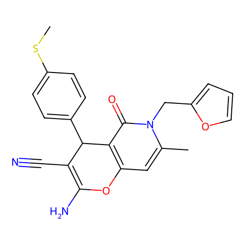 2-amino-6-(furan-2-ylmethyl)-7-methyl-4-[4-(methylsulfanyl)phenyl]-5-oxo-5,6-dihydro-4H-pyrano[3,2-c]pyridine-3-carbonitrile structure