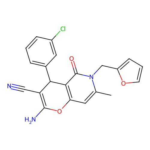 2-amino-4-(3-chlorophenyl)-6-(furan-2-ylmethyl)-7-methyl-5-oxo-5,6-dihydro-4H-pyrano[3,2-c]pyridine-3-carbonitrile structure