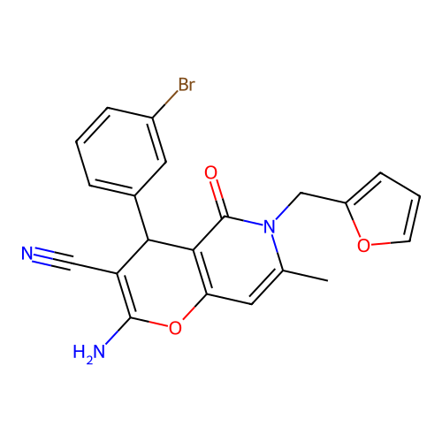 2-amino-4-(3-bromophenyl)-6-(furan-2-ylmethyl)-7-methyl-5-oxo-5,6-dihydro-4H-pyrano[3,2-c]pyridine-3-carbonitrile structure