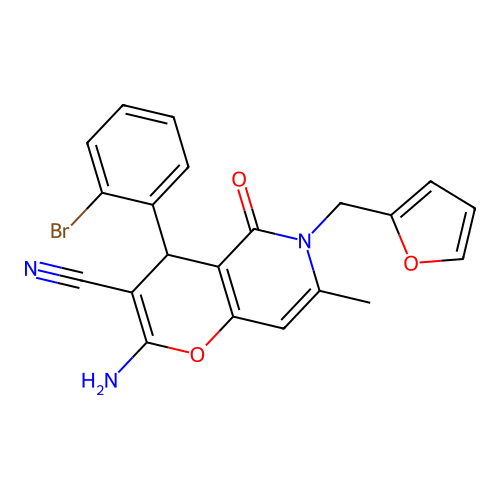 2-amino-4-(2-bromophenyl)-6-(furan-2-ylmethyl)-7-methyl-5-oxo-5,6-dihydro-4H-pyrano[3,2-c]pyridine-3-carbonitrile structure
