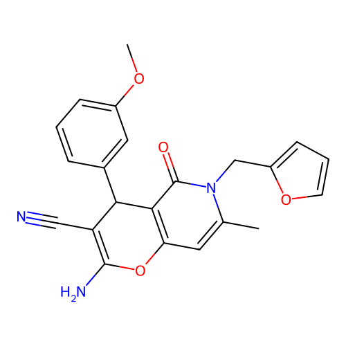 2-amino-6-(furan-2-ylmethyl)-4-(3-methoxyphenyl)-7-methyl-5-oxo-5,6-dihydro-4H-pyrano[3,2-c]pyridine-3-carbonitrile structure