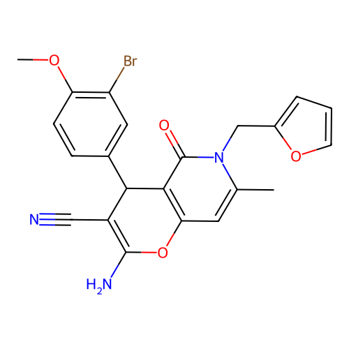 2-amino-4-(3-bromo-4-methoxyphenyl)-6-(furan-2-ylmethyl)-7-methyl-5-oxo-5,6-dihydro-4H-pyrano[3,2-c]pyridine-3-carbonitrile structure