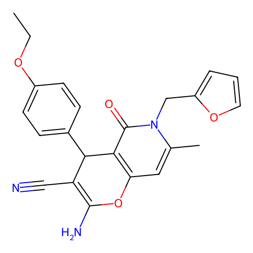 2-amino-4-(4-ethoxyphenyl)-6-(furan-2-ylmethyl)-7-methyl-5-oxo-5,6-dihydro-4H-pyrano[3,2-c]pyridine-3-carbonitrile structure