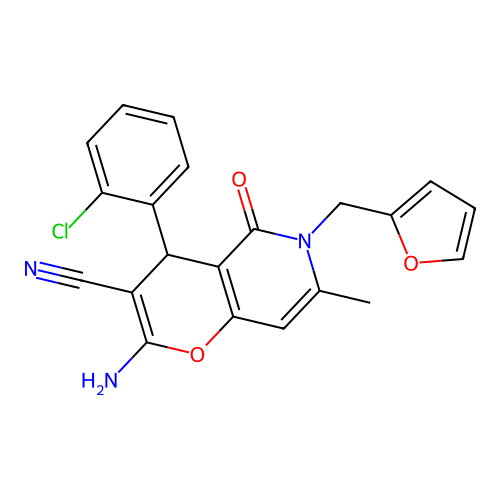 2-amino-4-(2-chlorophenyl)-6-(furan-2-ylmethyl)-7-methyl-5-oxo-5,6-dihydro-4H-pyrano[3,2-c]pyridine-3-carbonitrile structure