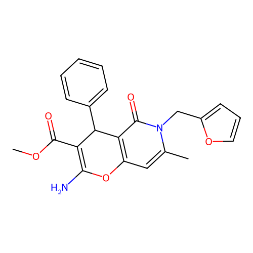 methyl 2-amino-6-(furan-2-ylmethyl)-7-methyl-5-oxo-4-phenyl-5,6-dihydro-4H-pyrano[3,2-c]pyridine-3-carboxylate structure