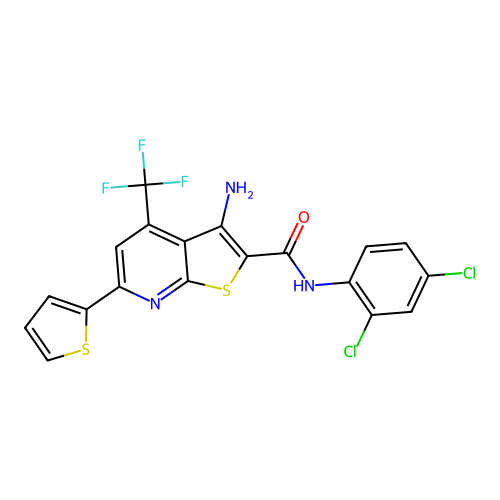 3-amino-N-(2,4-dichlorophenyl)-6-(thiophen-2-yl)-4-(trifluoromethyl)thieno[2,3-b]pyridine-2-carboxamide structure
