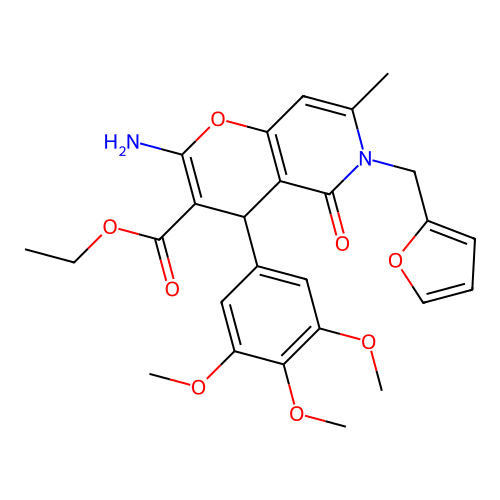 ethyl 2-amino-6-(furan-2-ylmethyl)-7-methyl-5-oxo-4-(3,4,5-trimethoxyphenyl)-5,6-dihydro-4H-pyrano[3,2-c]pyridine-3-carboxylate structure