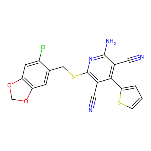 2-amino-6-{[(6-chloro-1,3-benzodioxol-5-yl)methyl]sulfanyl}-4-(thiophen-2-yl)pyridine-3,5-dicarbonitrile structure