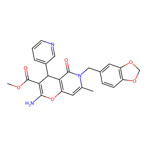 methyl 2-amino-6-(benzo[d][1,3]dioxol-5-ylmethyl)-7-methyl-5-oxo-4-(pyridin-3-yl)-5,6-dihydro-4H-pyrano[3,2-c]pyridine-3-carboxylate structure