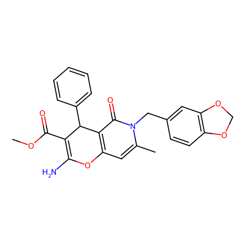 methyl 2-amino-6-(benzo[d][1,3]dioxol-5-ylmethyl)-7-methyl-5-oxo-4-phenyl-5,6-dihydro-4H-pyrano[3,2-c]pyridine-3-carboxylate structure