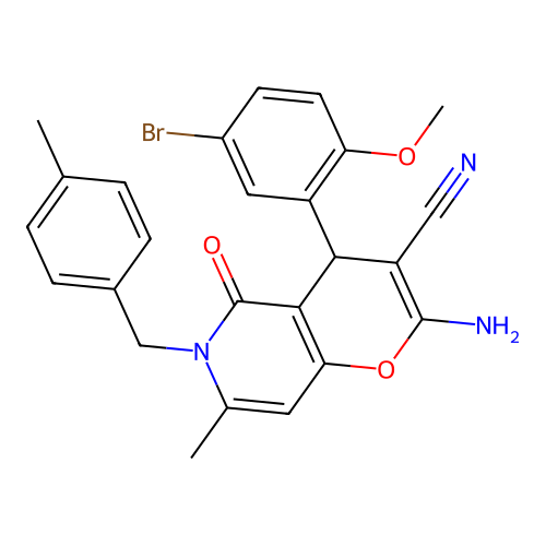 2-amino-4-(5-bromo-2-methoxyphenyl)-7-methyl-6-(4-methylbenzyl)-5-oxo-5,6-dihydro-4H-pyrano[3,2-c]pyridine-3-carbonitrile structure