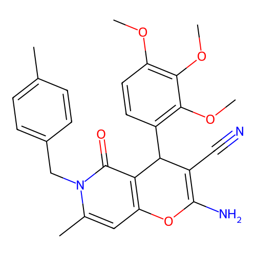 2-amino-7-methyl-6-(4-methylbenzyl)-5-oxo-4-(2,3,4-trimethoxyphenyl)-5,6-dihydro-4H-pyrano[3,2-c]pyridine-3-carbonitrile structure