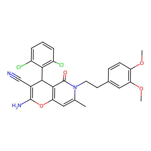 2-amino-4-(2,6-dichlorophenyl)-6-(3,4-dimethoxyphenethyl)-7-methyl-5-oxo-5,6-dihydro-4H-pyrano[3,2-c]pyridine-3-carbonitrile structure