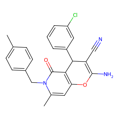 2-amino-4-(3-chlorophenyl)-7-methyl-6-(4-methylbenzyl)-5-oxo-5,6-dihydro-4H-pyrano[3,2-c]pyridine-3-carbonitrile structure