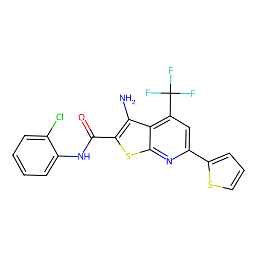 3-amino-N-(2-chlorophenyl)-6-(thiophen-2-yl)-4-(trifluoromethyl)thieno[2,3-b]pyridine-2-carboxamide structure