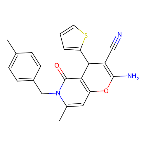 2-amino-7-methyl-6-(4-methylbenzyl)-5-oxo-4-(thiophen-2-yl)-5,6-dihydro-4H-pyrano[3,2-c]pyridine-3-carbonitrile structure