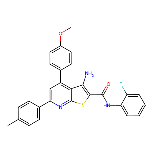 3-amino-N-(2-fluorophenyl)-4-(4-methoxyphenyl)-6-(4-methylphenyl)thieno[2,3-b]pyridine-2-carboxamide structure
