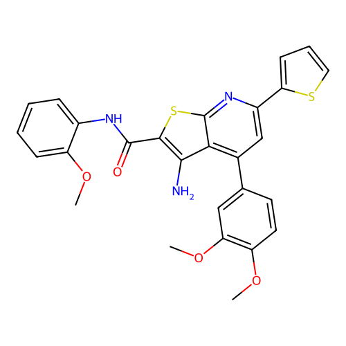 3-amino-4-(3,4-dimethoxyphenyl)-N-(2-methoxyphenyl)-6-(thiophen-2-yl)thieno[2,3-b]pyridine-2-carboxamide structure
