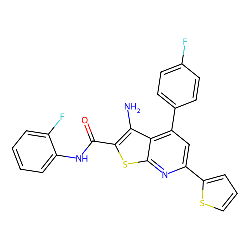 3-amino-N-(2-fluorophenyl)-4-(4-fluorophenyl)-6-(thiophen-2-yl)thieno[2,3-b]pyridine-2-carboxamide structure