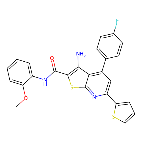 3-amino-4-(4-fluorophenyl)-N-(2-methoxyphenyl)-6-(thiophen-2-yl)thieno[2,3-b]pyridine-2-carboxamide structure