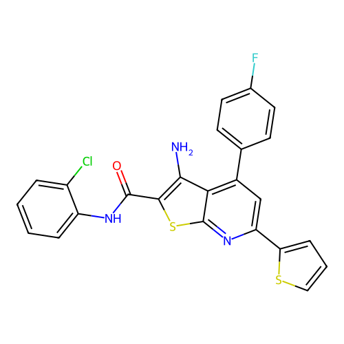 3-amino-N-(2-chlorophenyl)-4-(4-fluorophenyl)-6-(thiophen-2-yl)thieno[2,3-b]pyridine-2-carboxamide structure