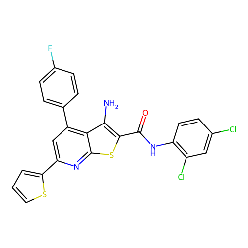 3-amino-N-(2,4-dichlorophenyl)-4-(4-fluorophenyl)-6-(thiophen-2-yl)thieno[2,3-b]pyridine-2-carboxamide structure