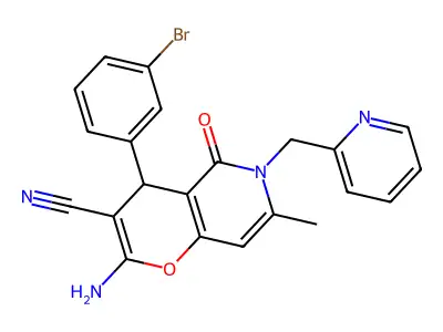 2-amino-4-(3-bromophenyl)-7-methyl-5-oxo-6-(pyridin-2-ylmethyl)-5,6-dihydro-4H-pyrano[3,2-c]pyridine-3-carbonitrile structure