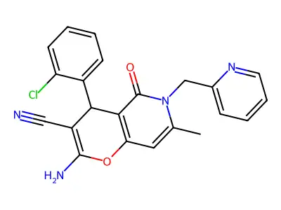 2-amino-4-(2-chlorophenyl)-7-methyl-5-oxo-6-(pyridin-2-ylmethyl)-5,6-dihydro-4H-pyrano[3,2-c]pyridine-3-carbonitrile structure