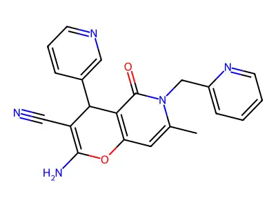 2-amino-7-methyl-5-oxo-4-(pyridin-3-yl)-6-(pyridin-2-ylmethyl)-5,6-dihydro-4H-pyrano[3,2-c]pyridine-3-carbonitrile structure