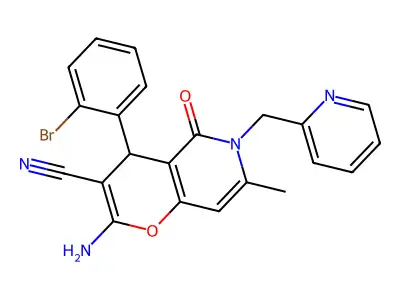 2-amino-4-(2-bromophenyl)-7-methyl-5-oxo-6-(pyridin-2-ylmethyl)-5,6-dihydro-4H-pyrano[3,2-c]pyridine-3-carbonitrile structure
