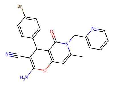2-amino-4-(4-bromophenyl)-7-methyl-5-oxo-6-(pyridin-2-ylmethyl)-5,6-dihydro-4H-pyrano[3,2-c]pyridine-3-carbonitrile structure
